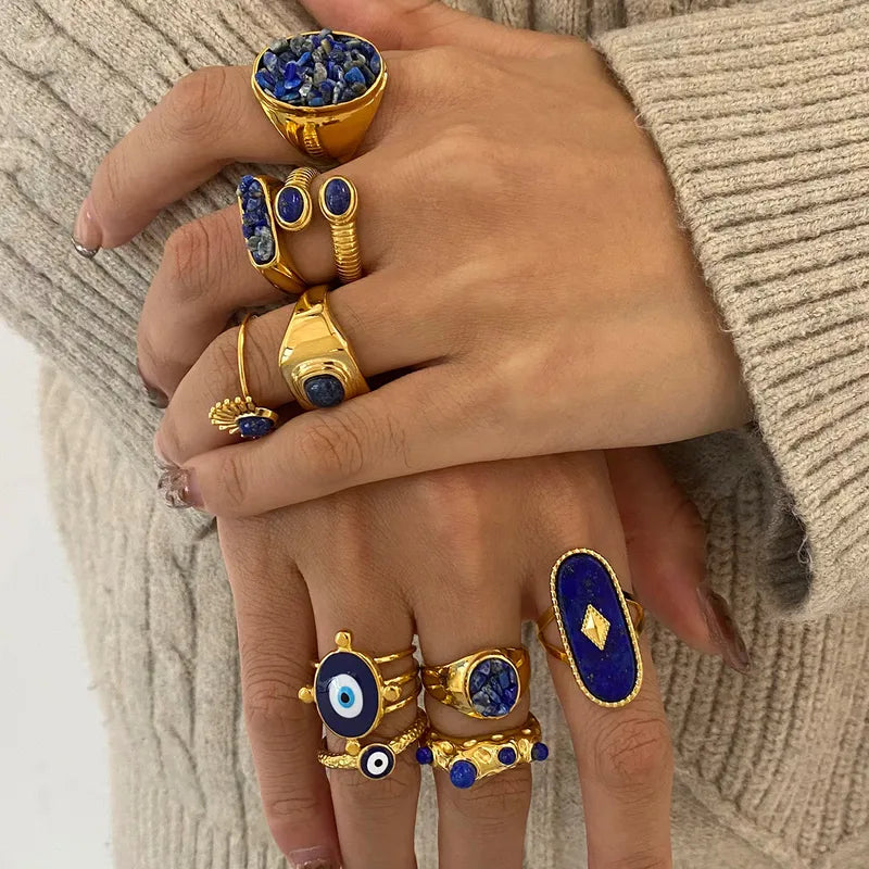 Gold Blue Oval Gemstone Statement Ring
