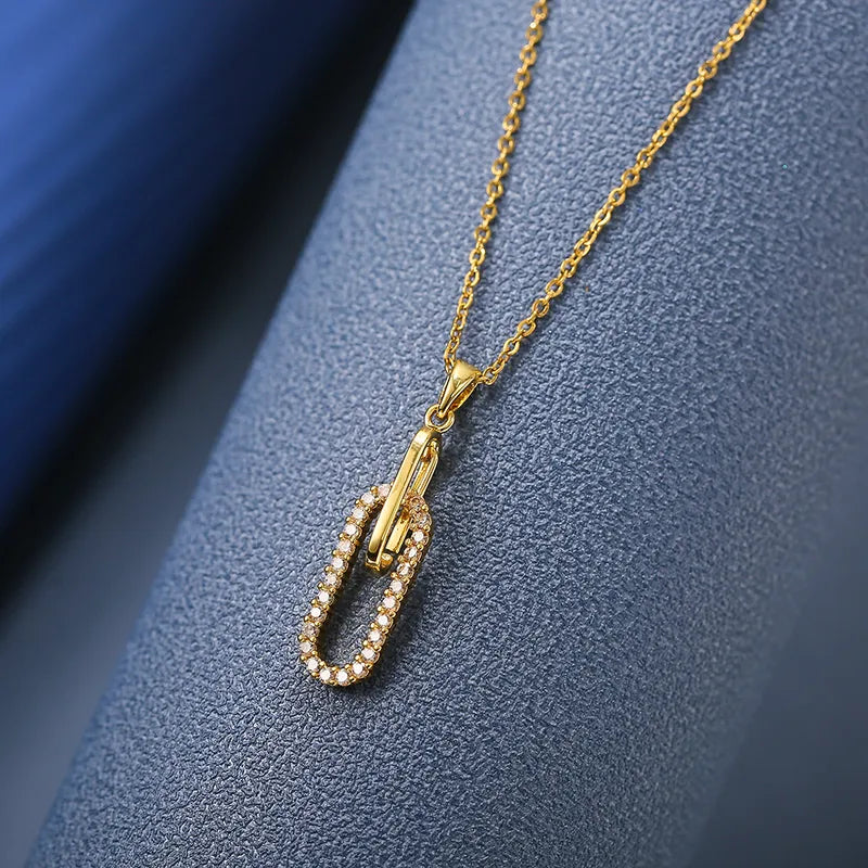 18K Gold Plated Paper Clip Pendant Necklace – Elegant Zircon
